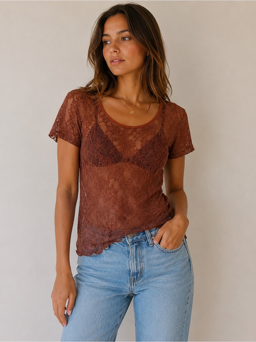 Cynthia Max Sheer Floral Lace Mesh‎ Top Rust Brown Size Medium